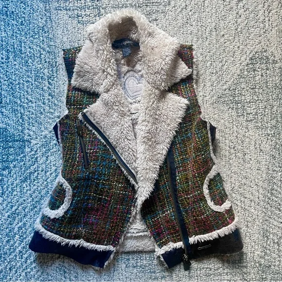 DESIGUAL Moto Patchwork Vest Tweed & Faux Sherpa Shearling Unique Design - Picture 8 of 10